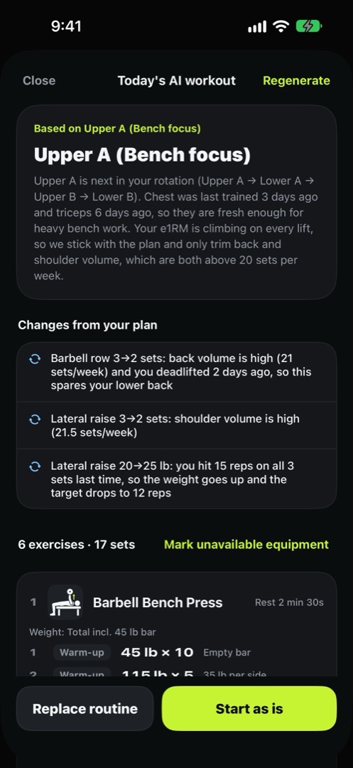 Today’s AI workout: Upper A (Bench focus), with a list of changes from your plan, such as fewer barbell row sets