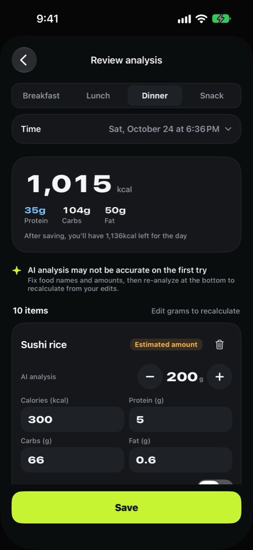 Review analysis screen: 1,015 kcal in total with 35g protein, and items such as sushi rice, 200g and 300 kcal, marked Estimated amount