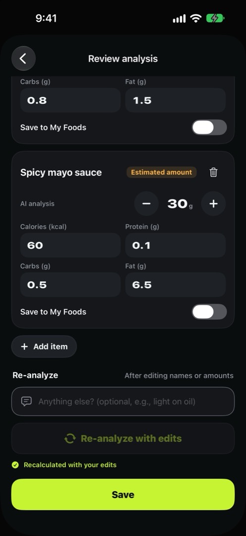 After re-analyzing: spicy mayo sauce is now 30g and 60 kcal, with the message Recalculated with your edits