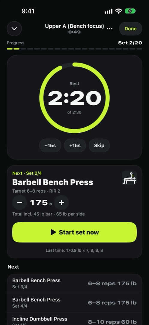iPhone rest screen: 2:20 inside a lime ring, with −15s, +15s and Skip buttons, and the next set below