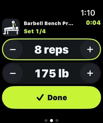 Apple Watch set screen with the target reps and weight and a Done button