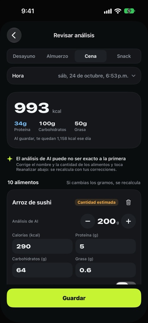 Pantalla Revisar análisis: total de kcal y proteína, y alimentos como arroz de sushi con su cantidad, sus calorías y la etiqueta Cantidad estimada