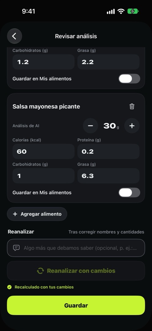 Después de reanalizar: la salsa de mayonesa picante queda en 30g y 60 kcal, con el aviso Recalculado con tus cambios