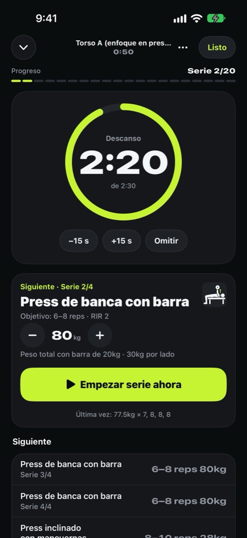 Pantalla de descanso en el iPhone: el tiempo restante dentro de un anillo verde lima, botones −15 s, +15 s y Omitir, y la siguiente serie