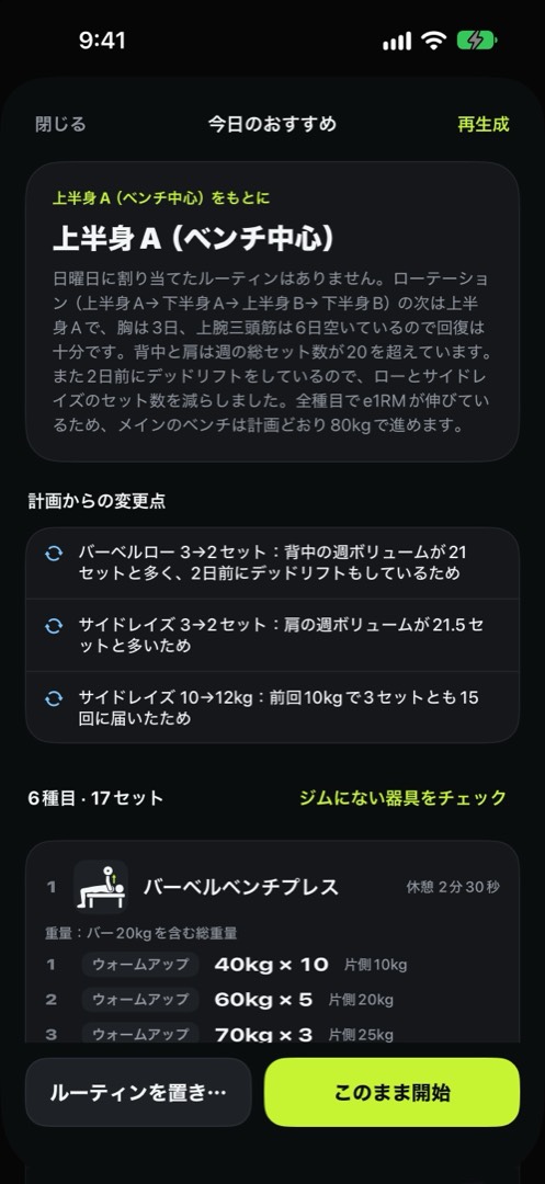 AIの今日のおすすめ。ルーティンと、計画から変えた点の一覧