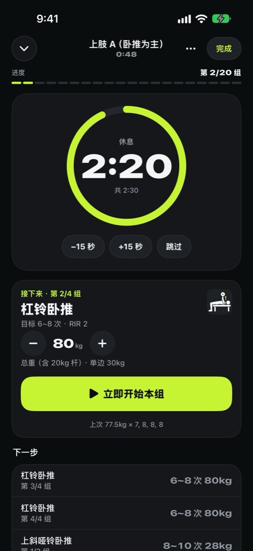 iPhone 休息页面：青柠色圆环里的剩余时间，−15 秒、+15 秒、跳过按钮，以及下一组