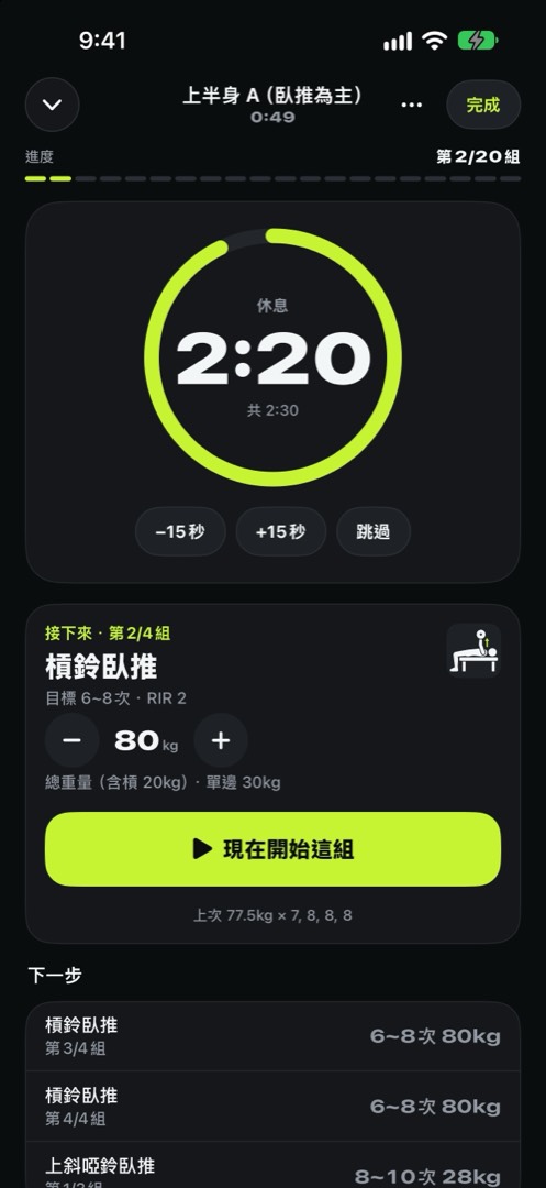 iPhone 休息畫面：萊姆色圓環內的剩餘時間，−15 秒、+15 秒、略過按鈕，以及下一組